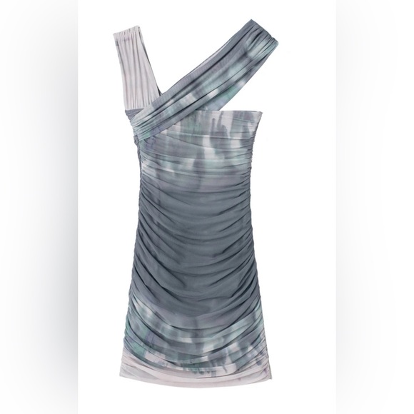 ZARA New ASYMMETRIC Tie Dye Print One Shoulder Tulle MINI Dress Small Gray Pink - Picture 3 of 10